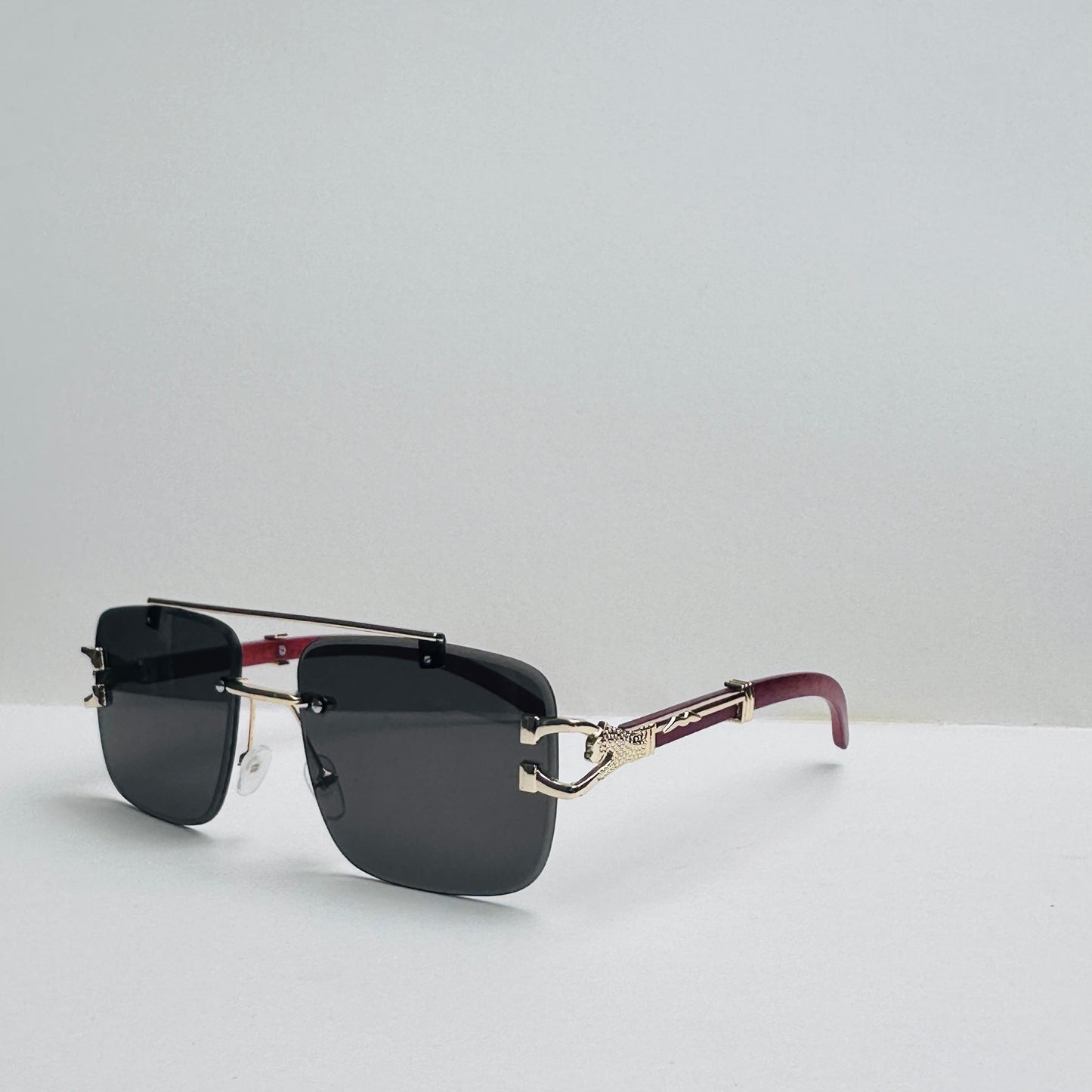 Double bridge black rimless sunglasses with woodcraft