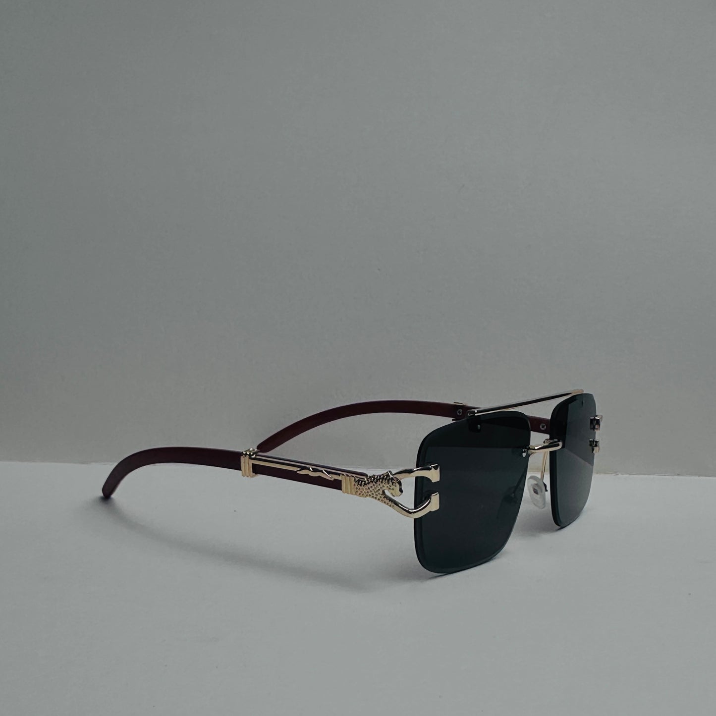 Double bridge black rimless sunglasses with woodcraft