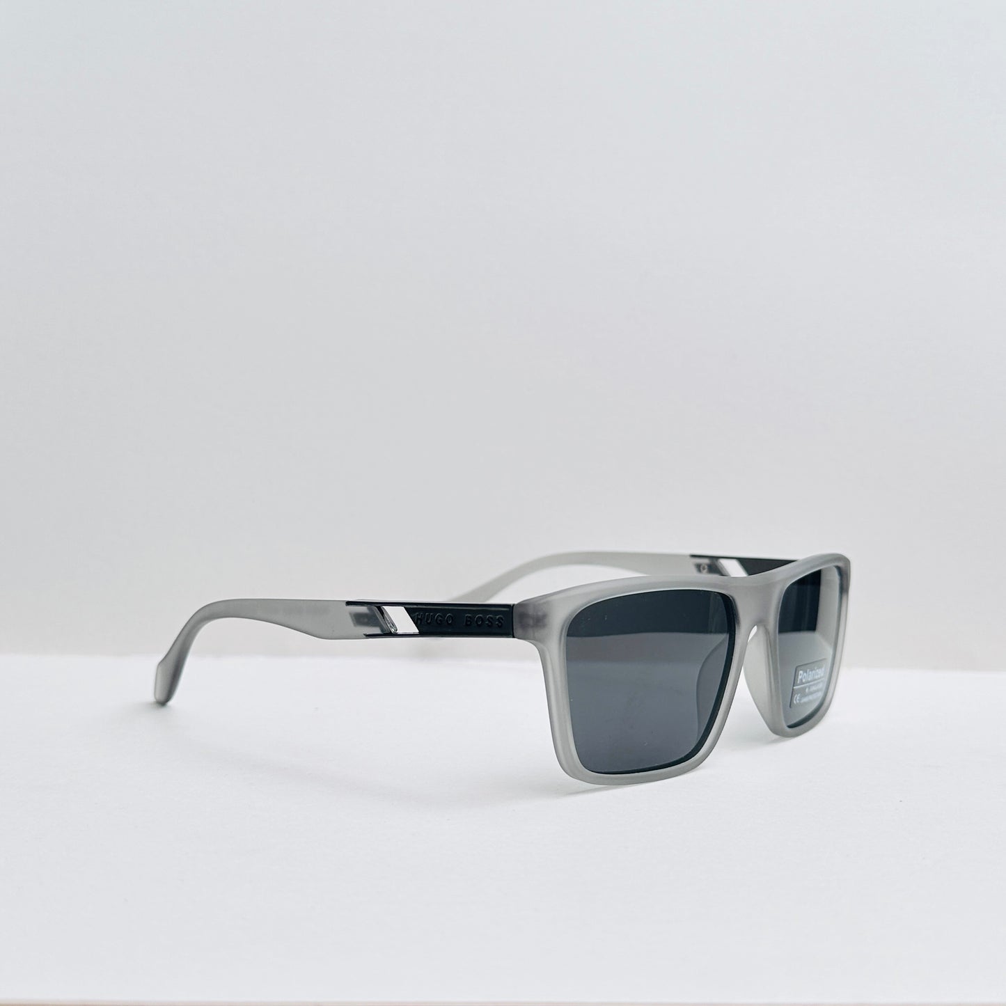 Hugo Boss Matte Transparent Grey Wafer Sunglasses with Polarized Black Lenses