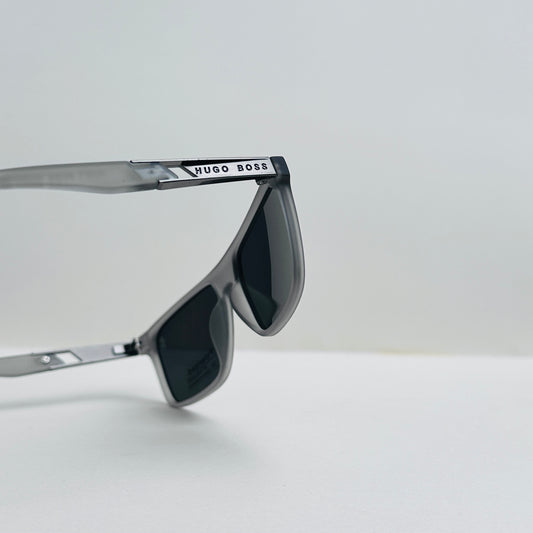 Hugo Boss Matte Transparent Grey Wafer Sunglasses with Polarized Black Lenses