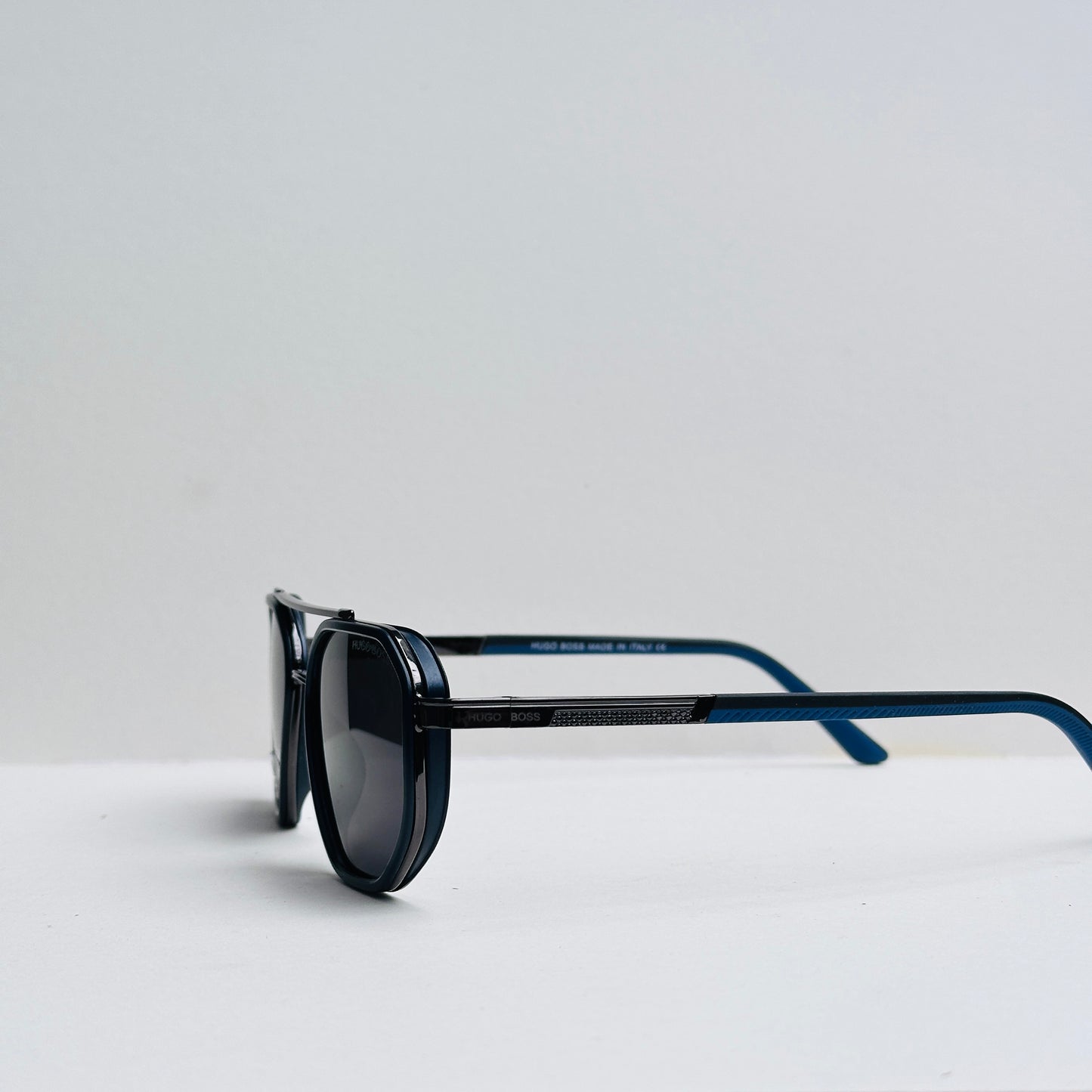 Hugo Boss Black Double-Bridge Sunglasses with Navy-Blue Temples and Metallic Frame