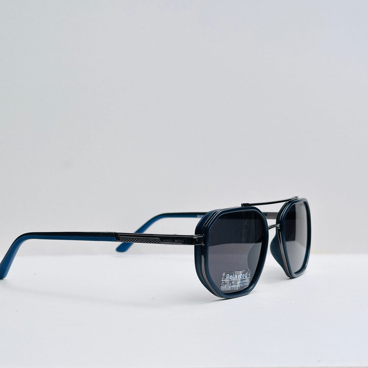 Hugo Boss Black Double-Bridge Sunglasses with Navy-Blue Temples and Metallic Frame
