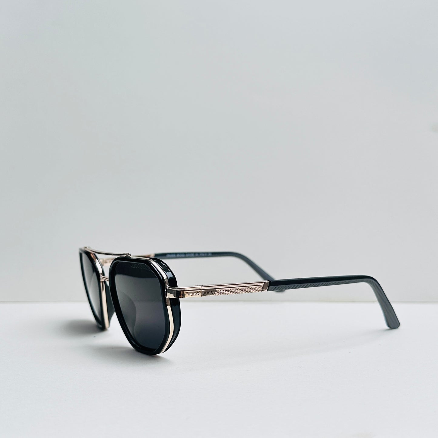 Hugo Boss Double Bridge Golden Metallic Sunglasses with Black Shades
