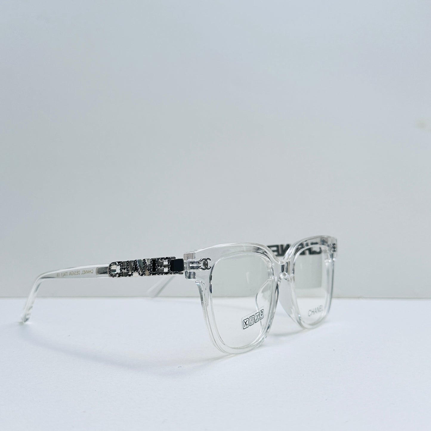 Chanel White Transparent Glasses with Stone-Crafted Temples