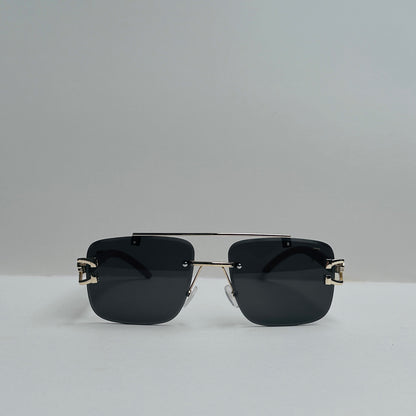 Double bridge black rimless sunglasses with woodcraft