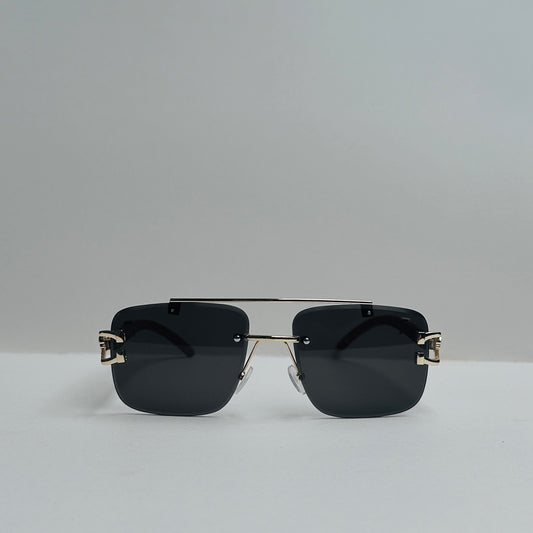 Double bridge black rimless sunglasses with woodcraft