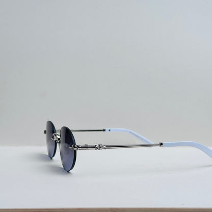 TomHardee Rimless Oval Black-Shaded Sunglasses with Silver-Crafted Temples